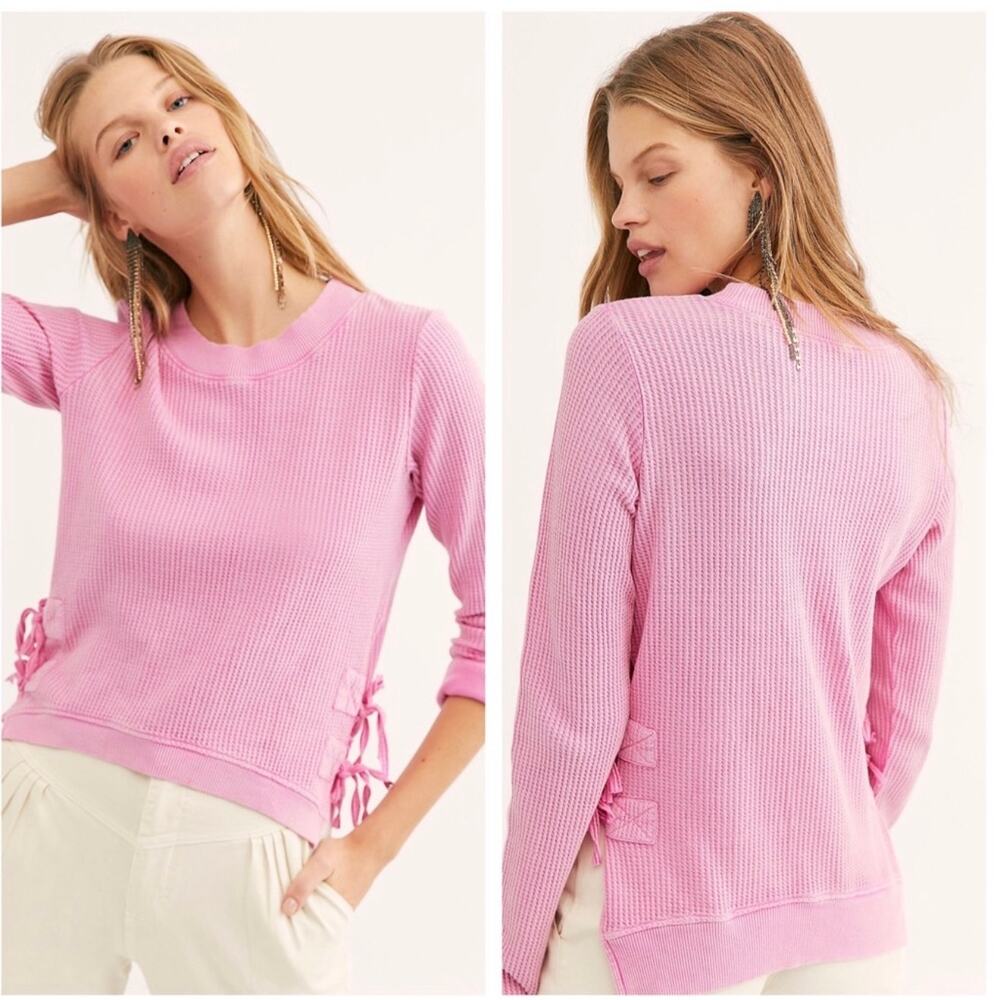 Free People FP One Interlaken Thermal Top Pink Cropped Lace-Up Sides Boho L - Picture 2 of 10
